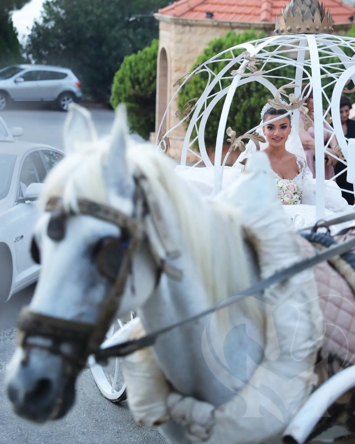 Fantasy Inspired Wedding: 9 Ideas from Forest Photos to Celestial Lace 4 A white horse pulls an ornate white carriage carrying a smiling bride in a wedding dress.