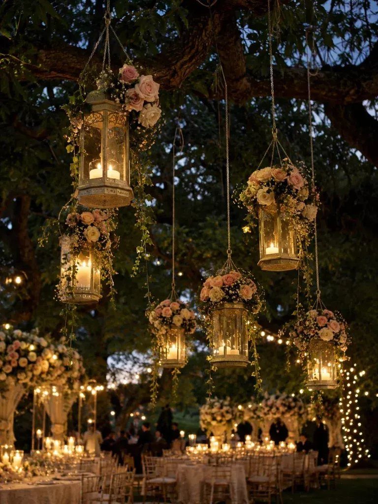 Fantasy Wedding Ideas: 9 Decor, Attire and Theme Details for 2026 7 Hanging floral lanterns and glowing candles illuminate an outdoor evening wedding reception under large trees.