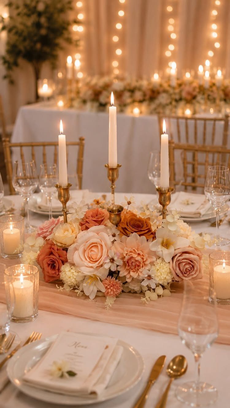 Flower Wedding Decor: 8 Ideas for Ceremony and Reception 4 A floral centerpiece with peach and cream roses surrounded by lit taper and votive candles.