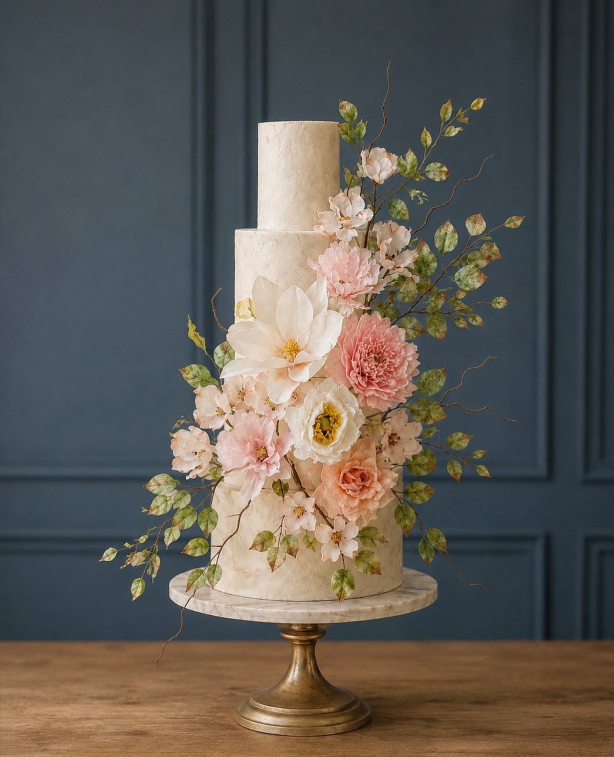 Flower Wedding Decor: 8 Ideas for Ceremony and Reception 8 A tiered white wedding cake adorned with large pink flowers and green foliage on a marble stand.