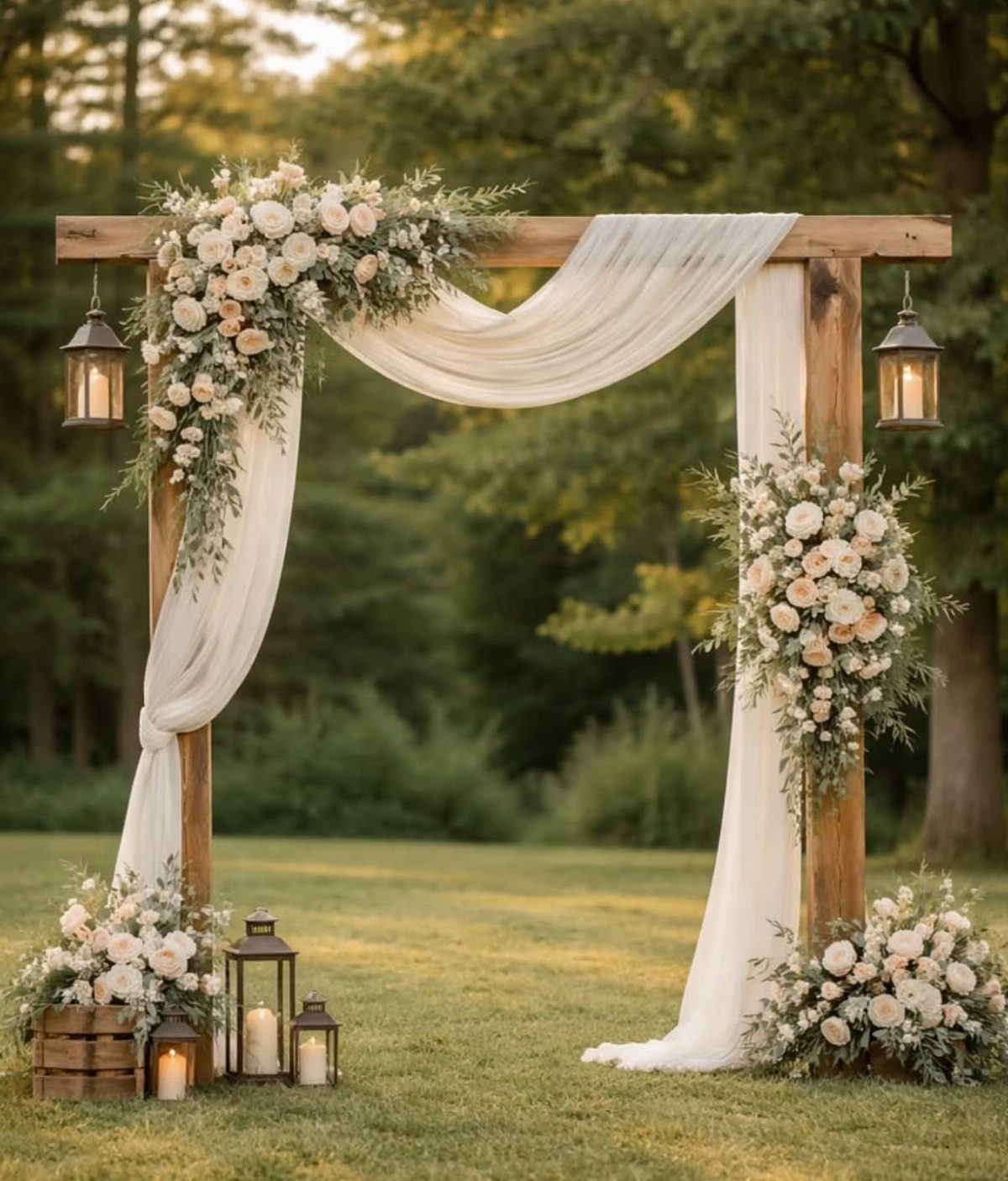 Flower Wedding Decor: 8 Ideas for Ceremony and Reception 6 A wooden wedding arch draped in white fabric and adorned with lush cream and blush floral arrangements.