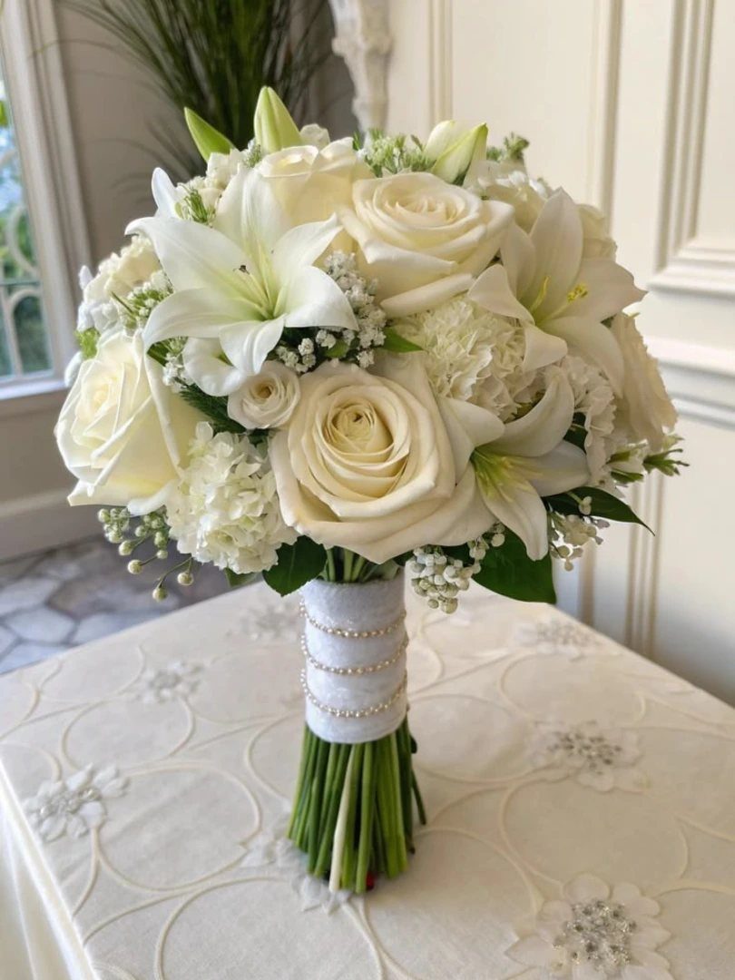 Flower Wedding Decor: 8 Ideas for Ceremony and Reception 3 White rose and lily wedding bouquet with a pearl-embellished ribbon wrap on a white table.