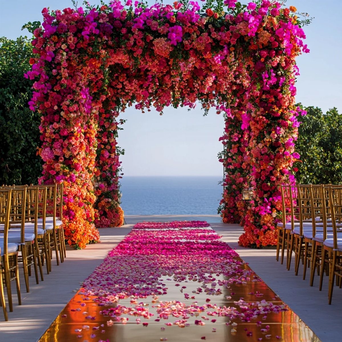 Flowers for Wedding Reception: 11 Elegant Ideas to Style Your Space 12 Floral arch with pink and orange blooms over a petal-strewn gold aisle