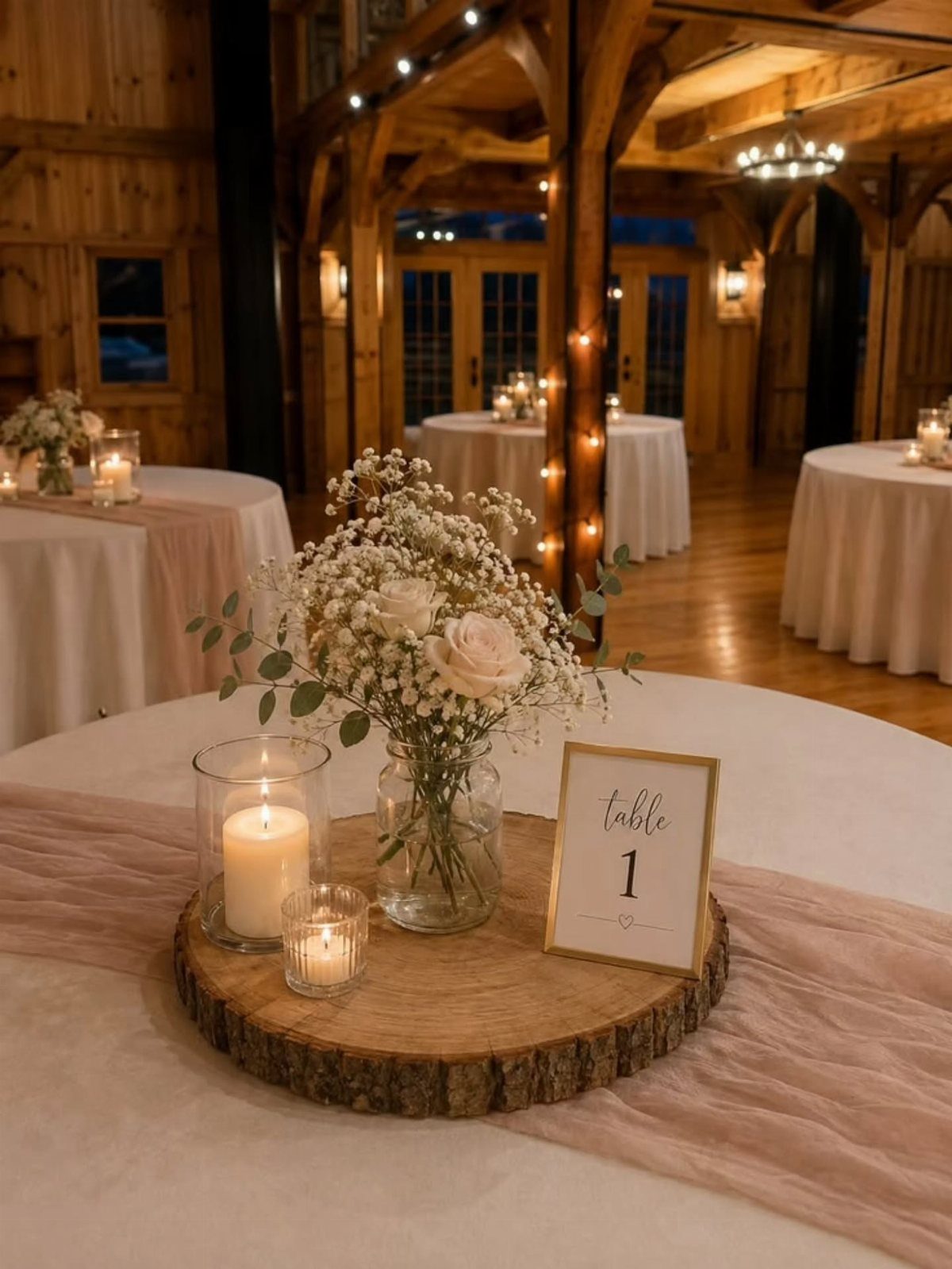 Flowers for Wedding Reception: 11 Elegant Ideas to Style Your Space 11 White rose bouquet and candle on a wooden slice centerpiece for wedding table