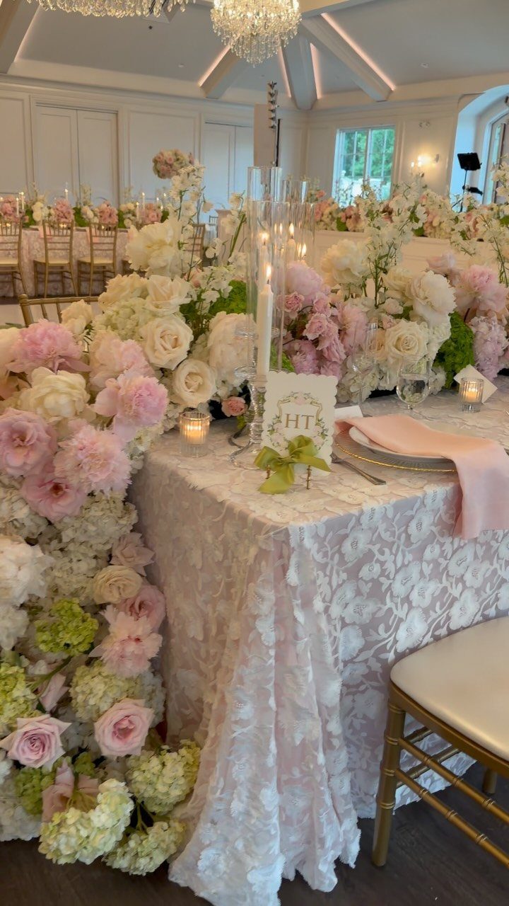 Flowers for Wedding Reception: 11 Elegant Ideas to Style Your Space 3 Wedding table with a cascading arrangement of pink and white roses and hydrangeas.