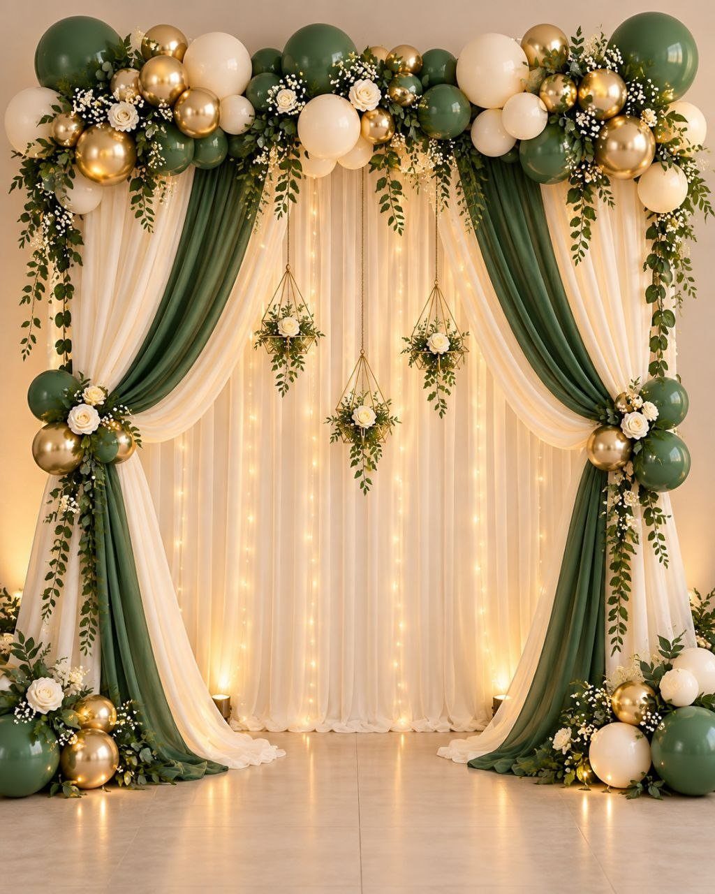 Forest Green for Wedding Colors: 10 Ideas to Try 2 Green and cream draped fabric backdrop decorated with gold and white balloons and floral arrangements.