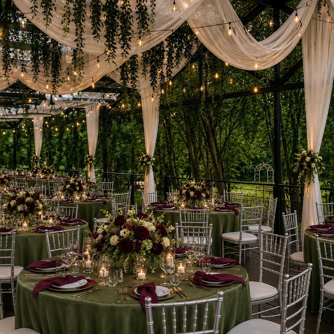 Forest Green for Wedding Colors: 10 Ideas to Try 6 Wedding tables set with forest green linens, burgundy napkins, and lush floral centerpieces under draped white fabric.