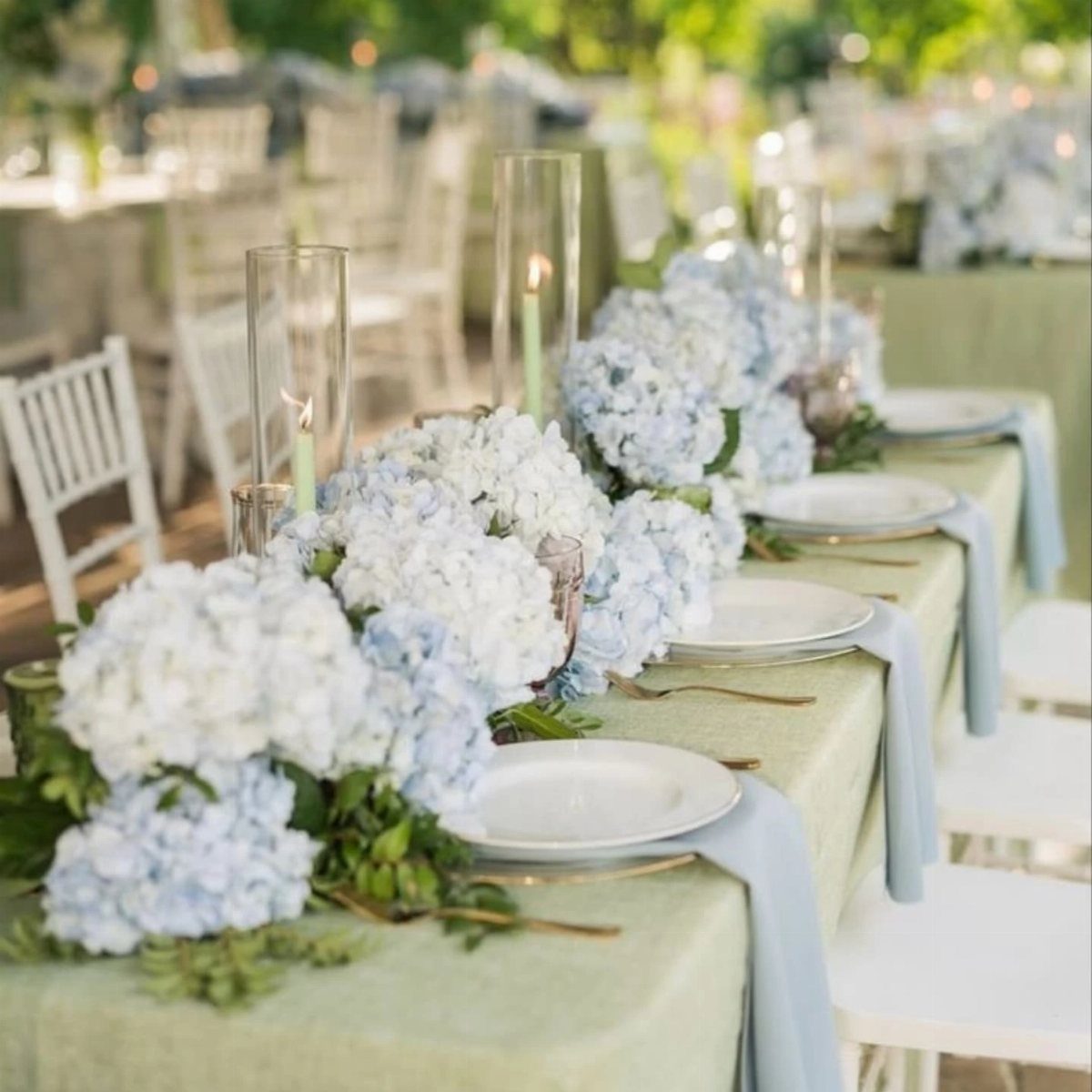 Forest Green for Wedding Colors: 10 Ideas to Try 5 Sage green tablecloth with light blue hydrangea centerpieces and dusty blue napkins on a wedding table.