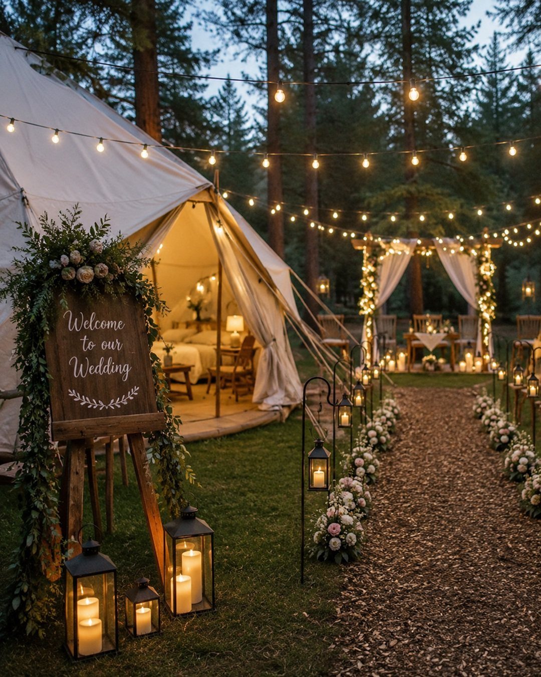 19 Forest Theme Wedding Decorations From Greenery Canopies to Candlelit Paths 12 A woodchip wedding pathway lined with lanterns and white flowers leading toward a tent and arbor.