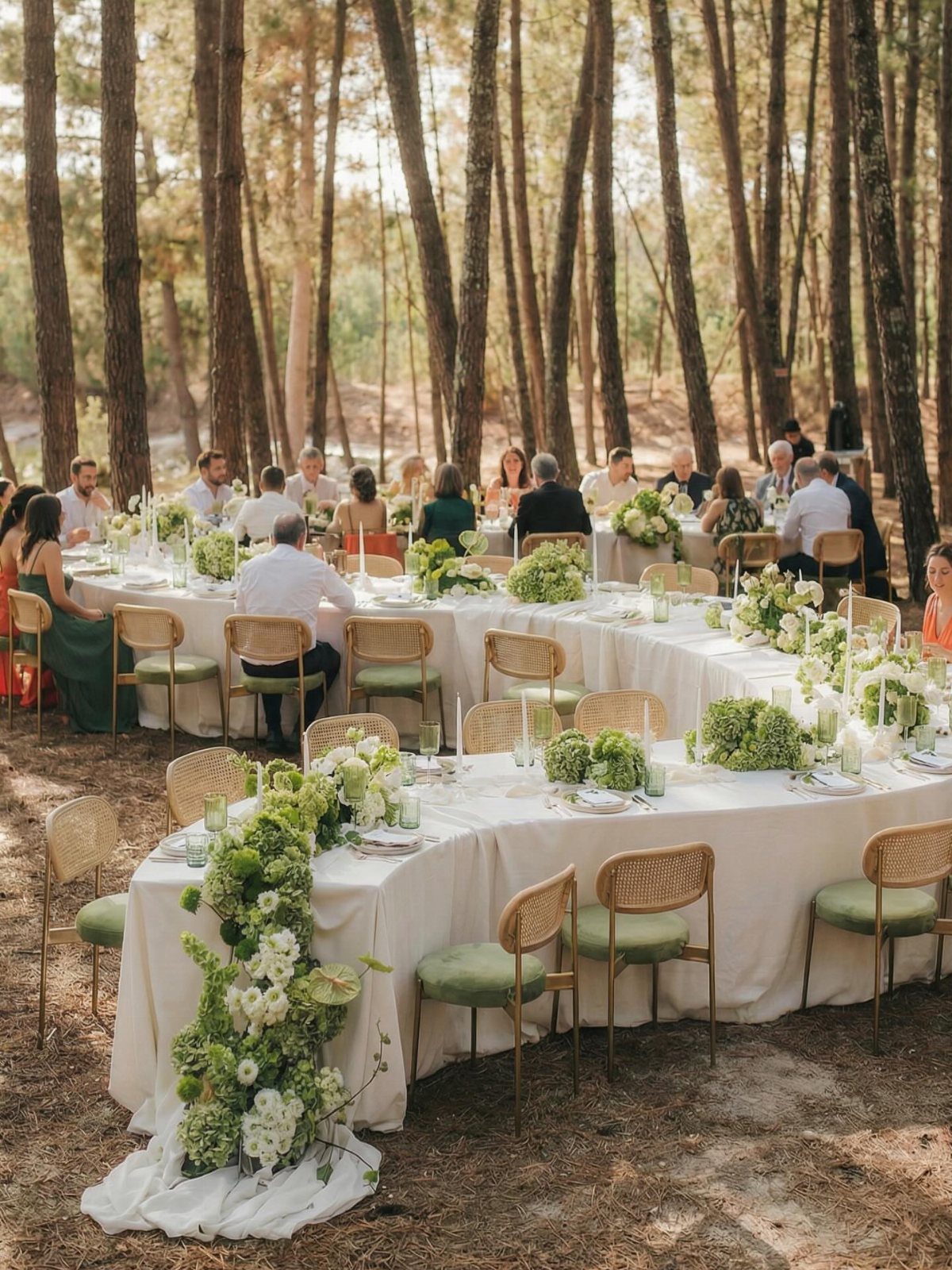 19 Forest Theme Wedding Decorations From Greenery Canopies to Candlelit Paths 14 Long wedding tables with white linen cloths and green floral centerpieces in a pine forest.