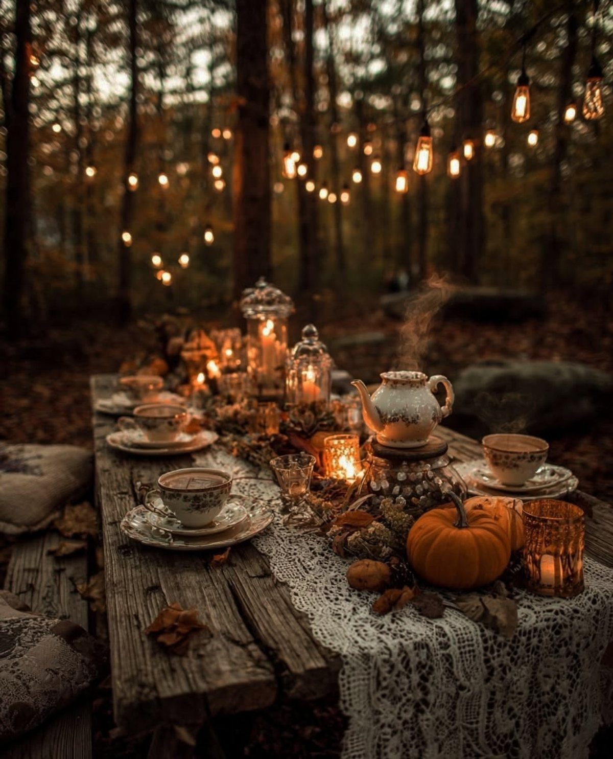 19 Forest Theme Wedding Decorations From Greenery Canopies to Candlelit Paths 7 A rustic wooden table set with tea and candles under hanging fairy lights in a forest.