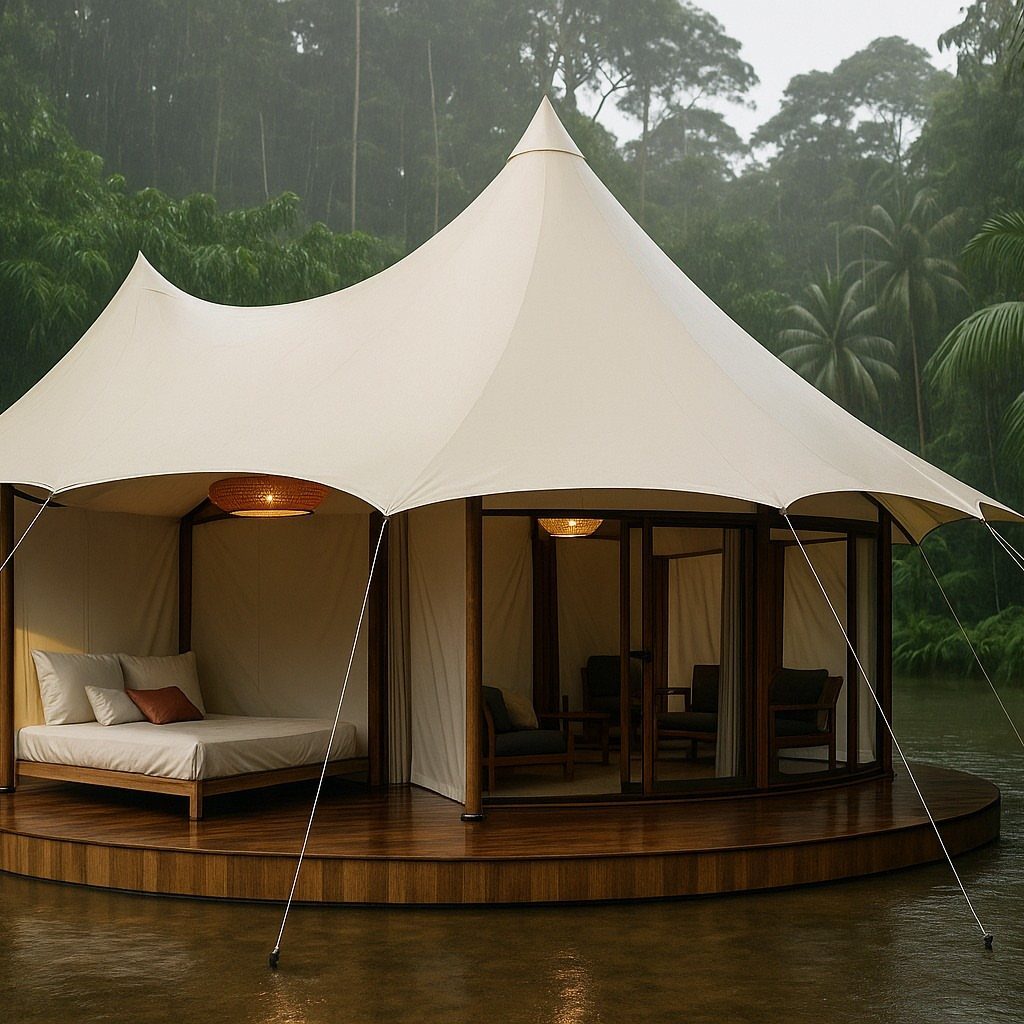 19 Forest Theme Wedding Decorations From Greenery Canopies to Candlelit Paths 4 A luxury white tent with a wooden deck situated on water surrounded by a dense green forest.