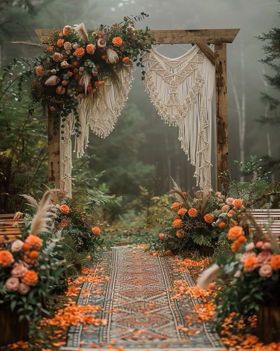 19 Forest Theme Wedding Decorations From Greenery Canopies to Candlelit Paths 17 Wooden wedding arch with macrame and orange flowers in a misty forest setting.