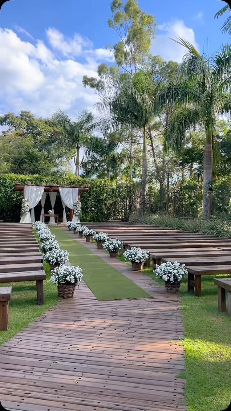 19 Forest Theme Wedding Decorations From Greenery Canopies to Candlelit Paths 11 Wooden benches arranged in rows for an outdoor wedding ceremony surrounded by tropical greenery.