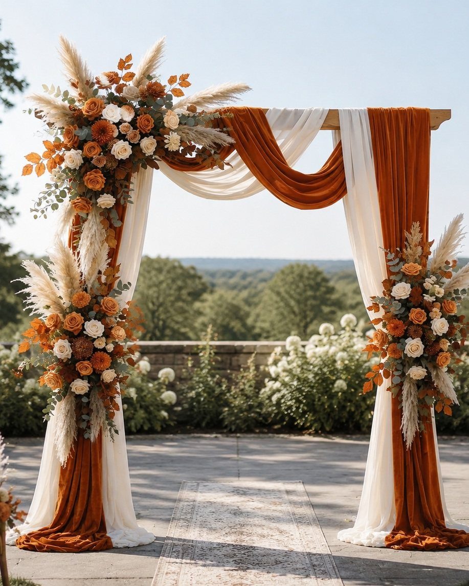 19 Forest Theme Wedding Decorations From Greenery Canopies to Candlelit Paths 15 Wooden wedding arch with orange fabric and large autumnal floral arrangements overlooking a forest.