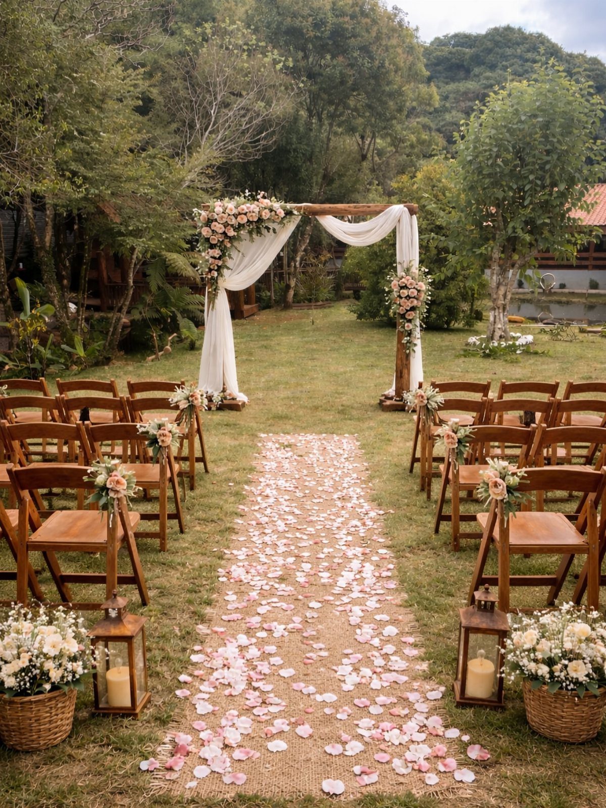 19 Forest Theme Wedding Decorations From Greenery Canopies to Candlelit Paths 3 Wooden wedding arch with white fabric and flowers overlooking a petal-strewn burlap aisle and wooden chairs.