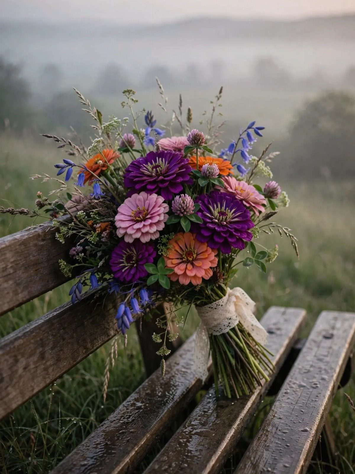 19 Forest Theme Wedding Decorations From Greenery Canopies to Candlelit Paths 10 Colorful wildflower bouquet with purple and orange flowers resting on a rustic wooden bench.