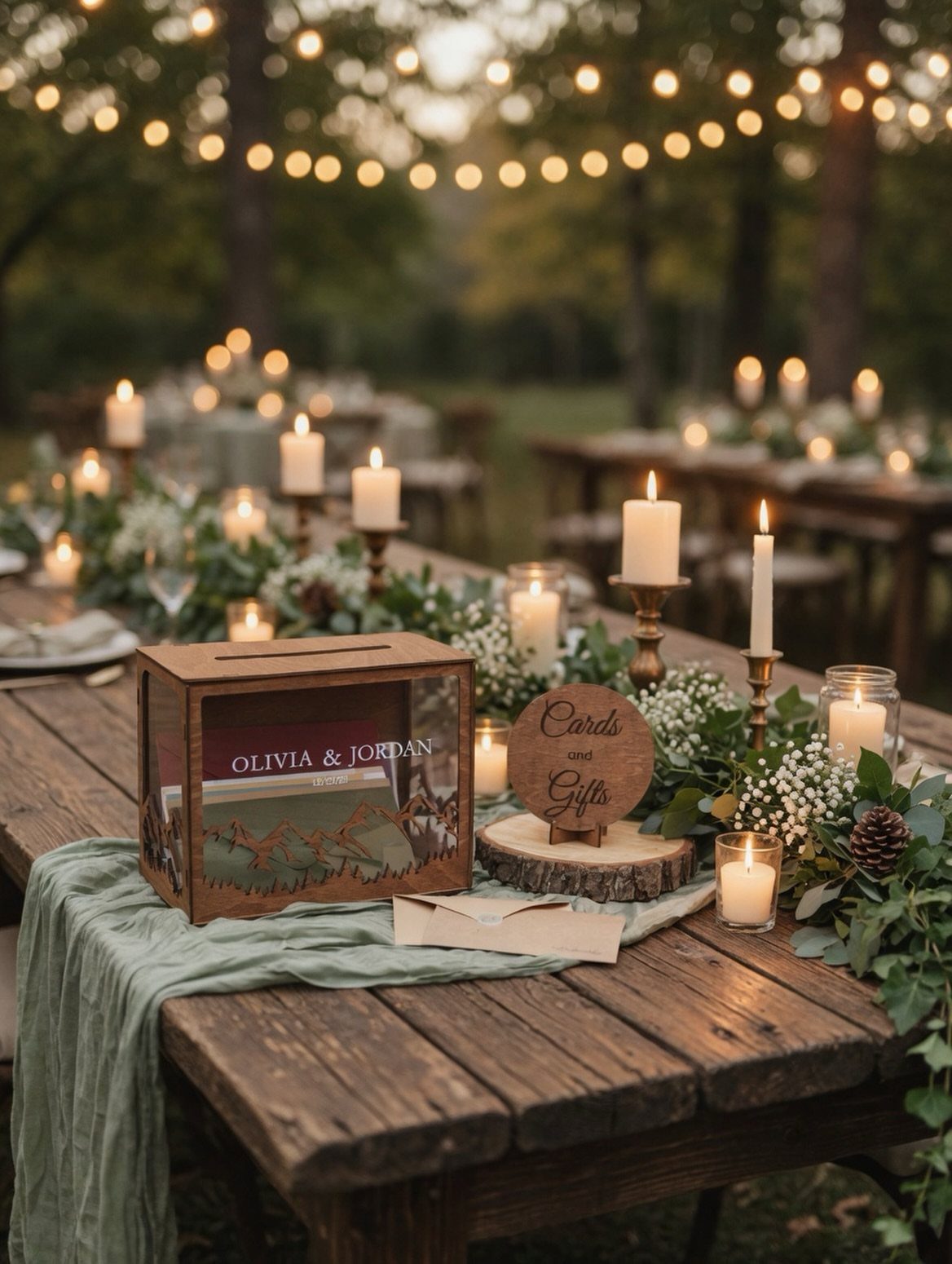 19 Forest Theme Wedding Decorations From Greenery Canopies to Candlelit Paths 9 Wooden wedding signage and a card box on a rustic table decorated with greenery and candles.