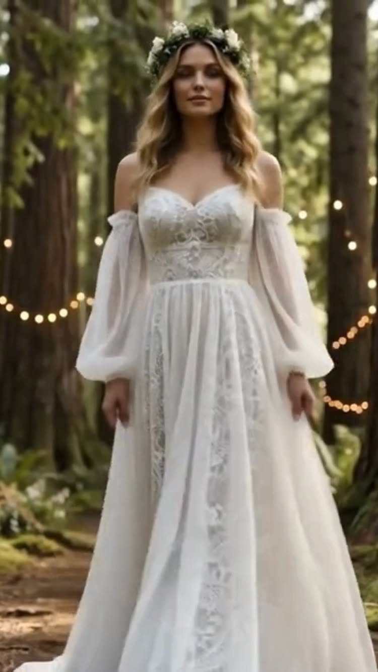 Goddess Wedding Dress Styles: 19 Ideas for 2026 6 Woman in a boho lace wedding gown with puff sleeves and flower crown in forest