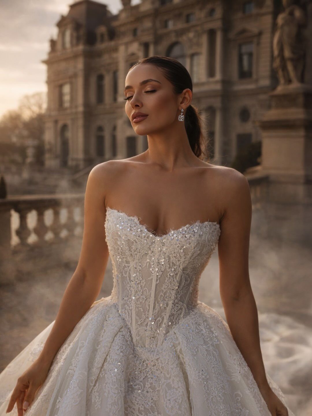Goddess Wedding Dress Styles: 19 Ideas for 2026 11 Woman in a strapless white beaded wedding gown posing before a classical building.