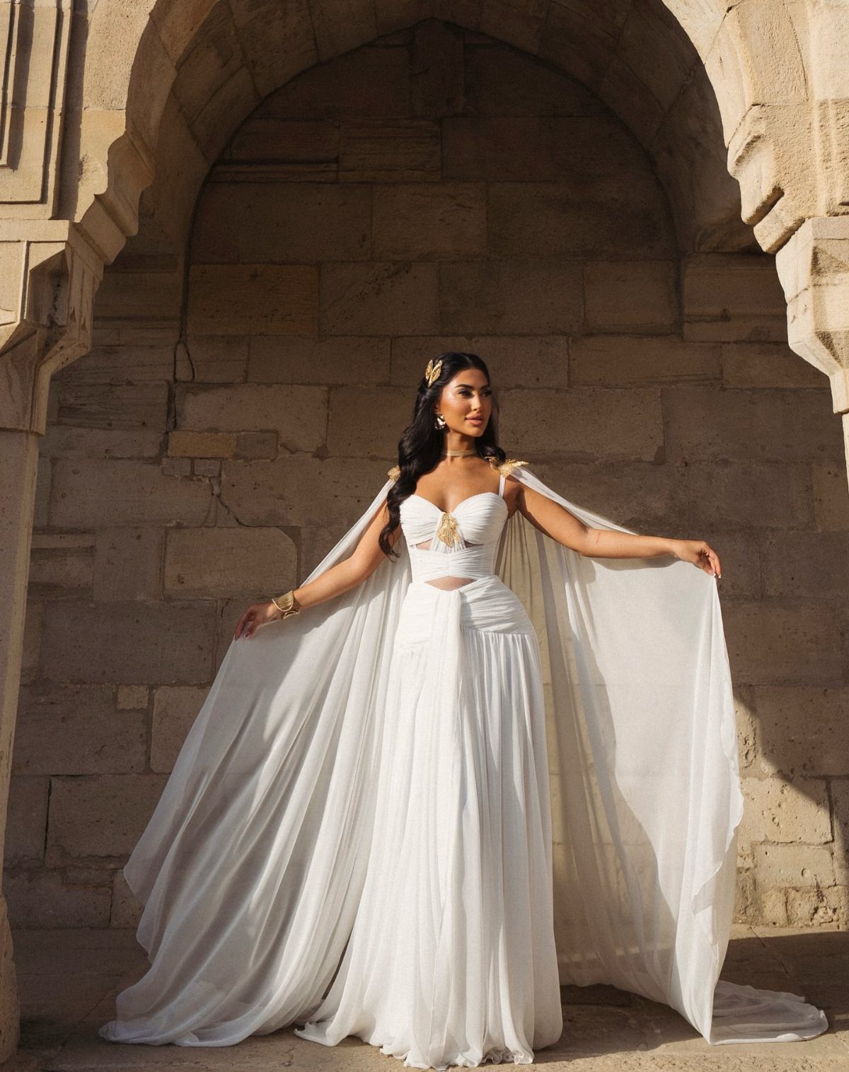 Goddess Wedding Dress Styles: 19 Ideas for 2026 15 Woman in a flowing white goddess wedding dress with a long sheer cape.