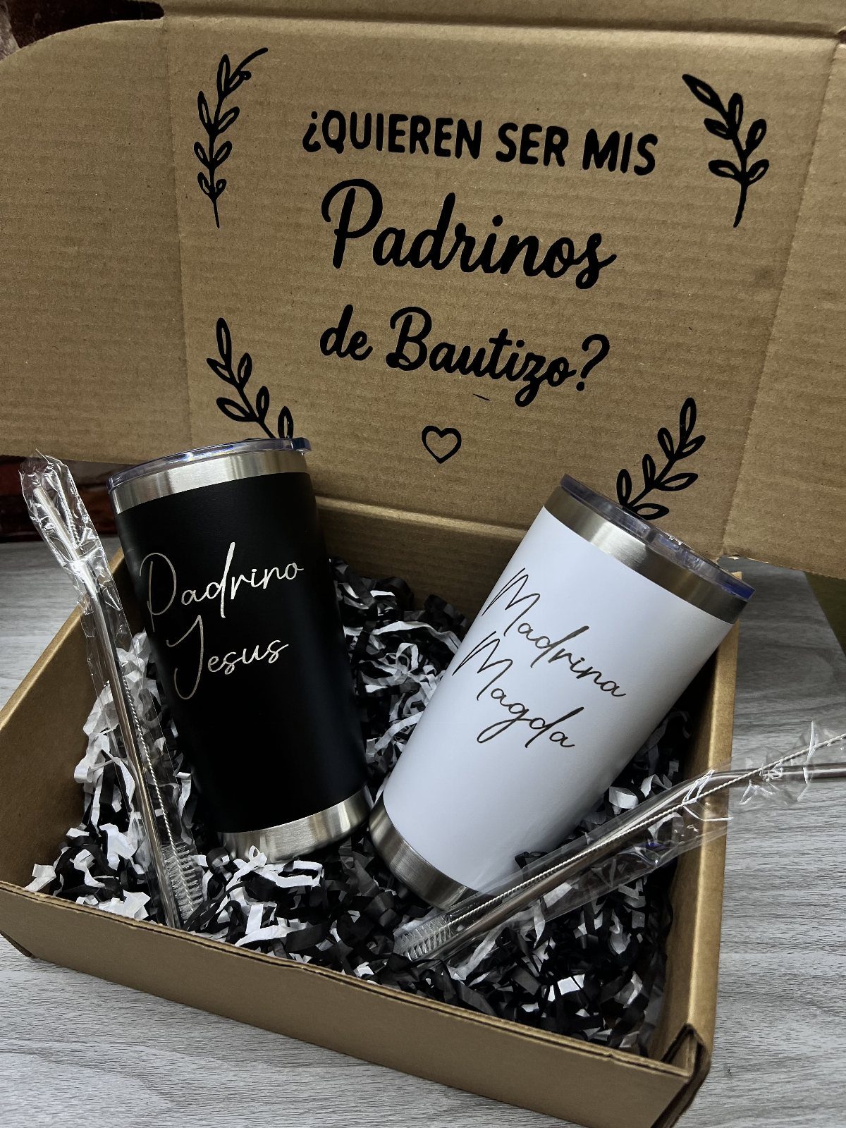 7 Godparent Proposal Box Ideas to Make the Ask Special 8 Two personalized tumblers in a gift box with baptism proposal text on the lid.