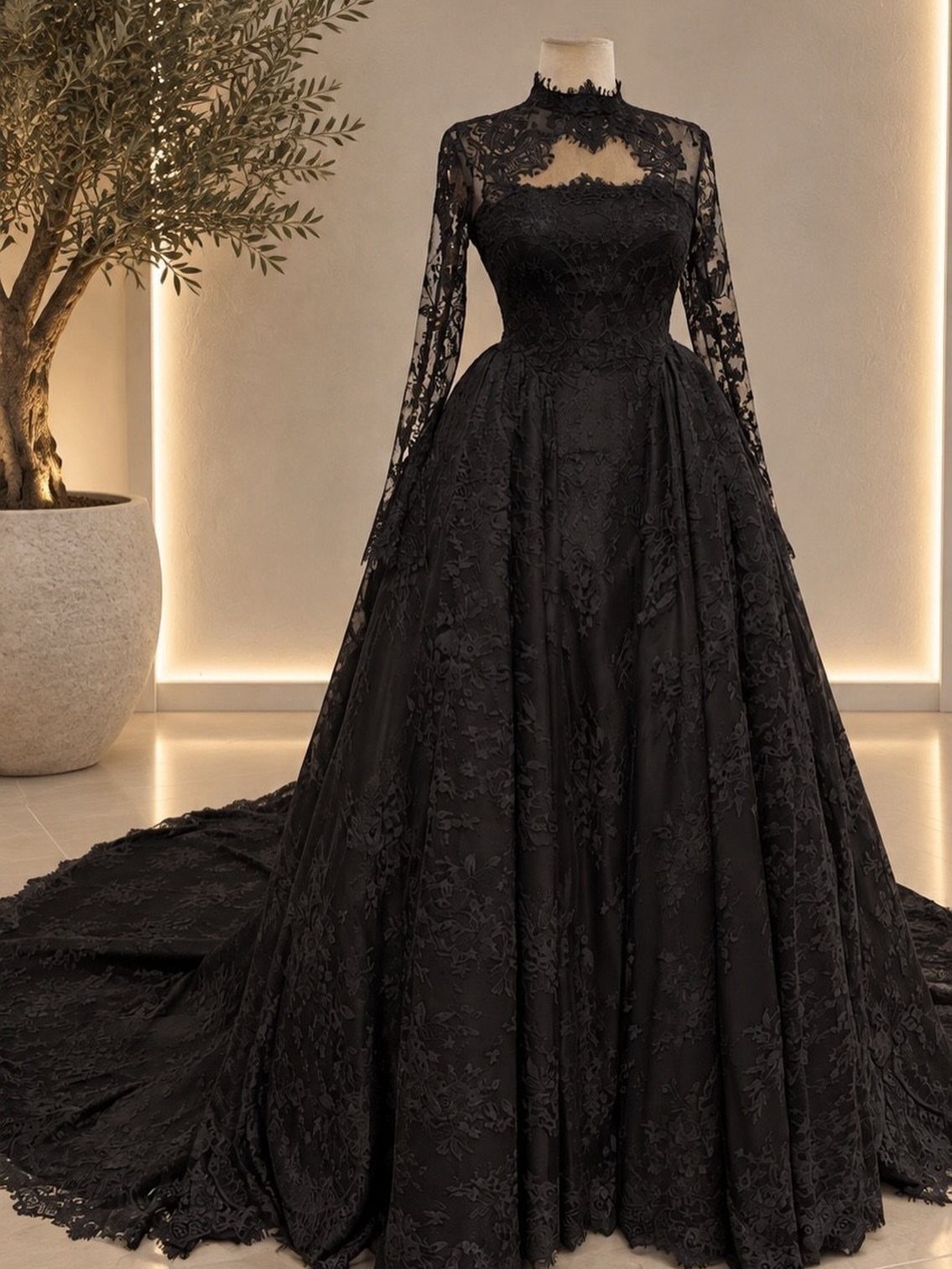 Black lace wedding gown with long sleeves and a full skirt on a mannequin.