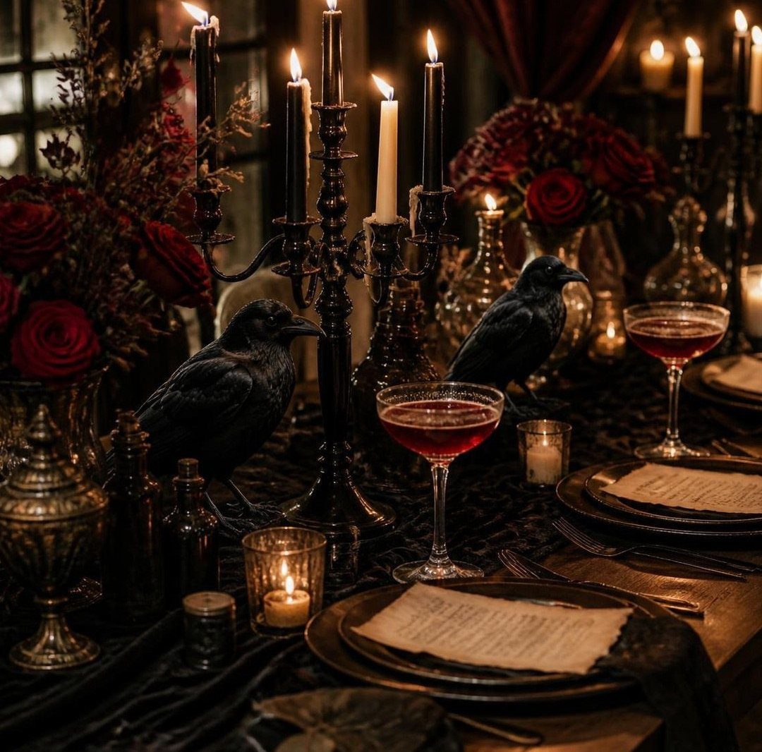 Gothic table setting with lit candles, red roses, black ravens, and red wine.