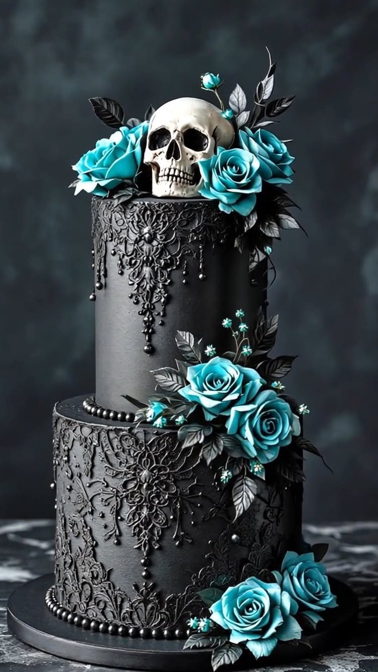 Black two-tier wedding cake with turquoise roses and a skull on top.