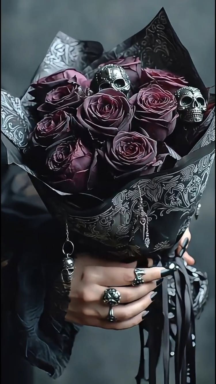 Deep burgundy rose bouquet with silver skulls wrapped in ornate black paper