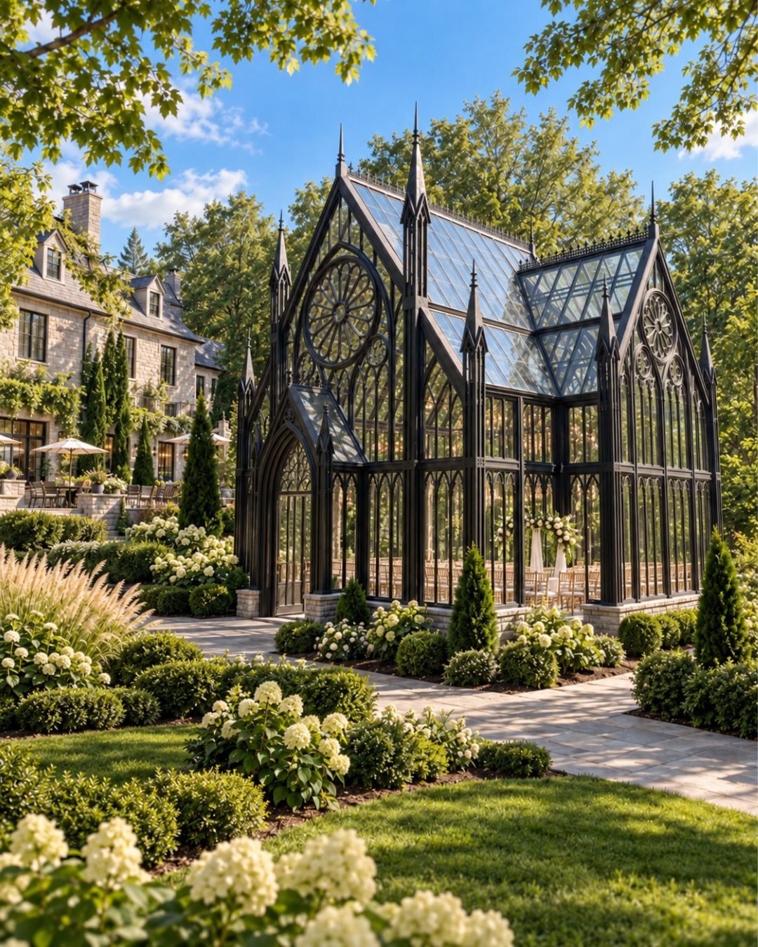 Black gothic glass conservatory in a garden with white flowers and stone architecture.