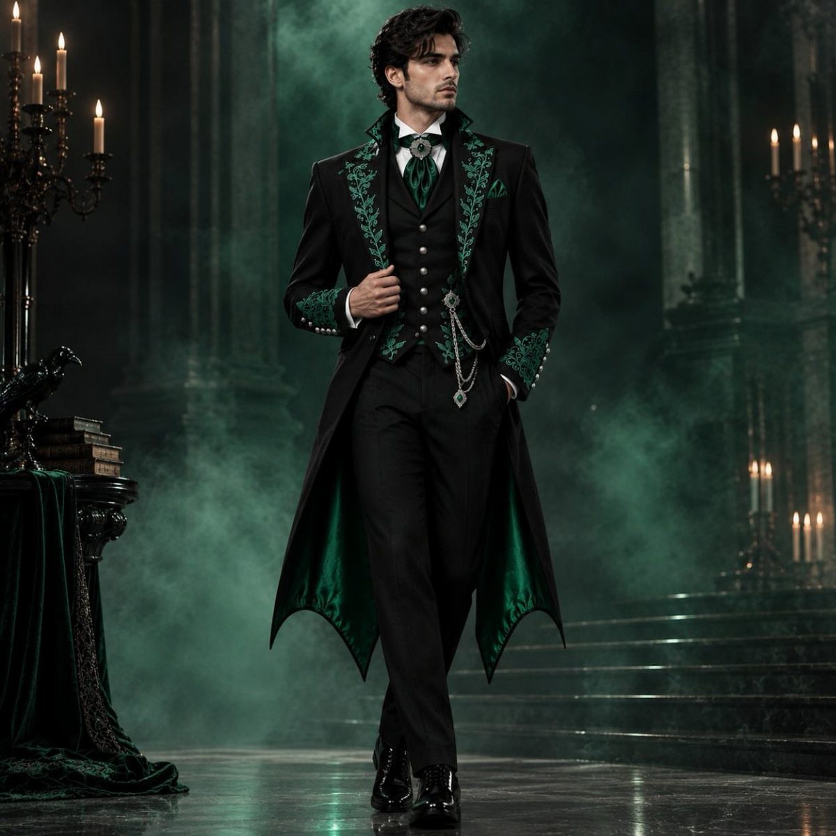 Man in a black gothic tailcoat with dark green velvet accents in a misty hall.