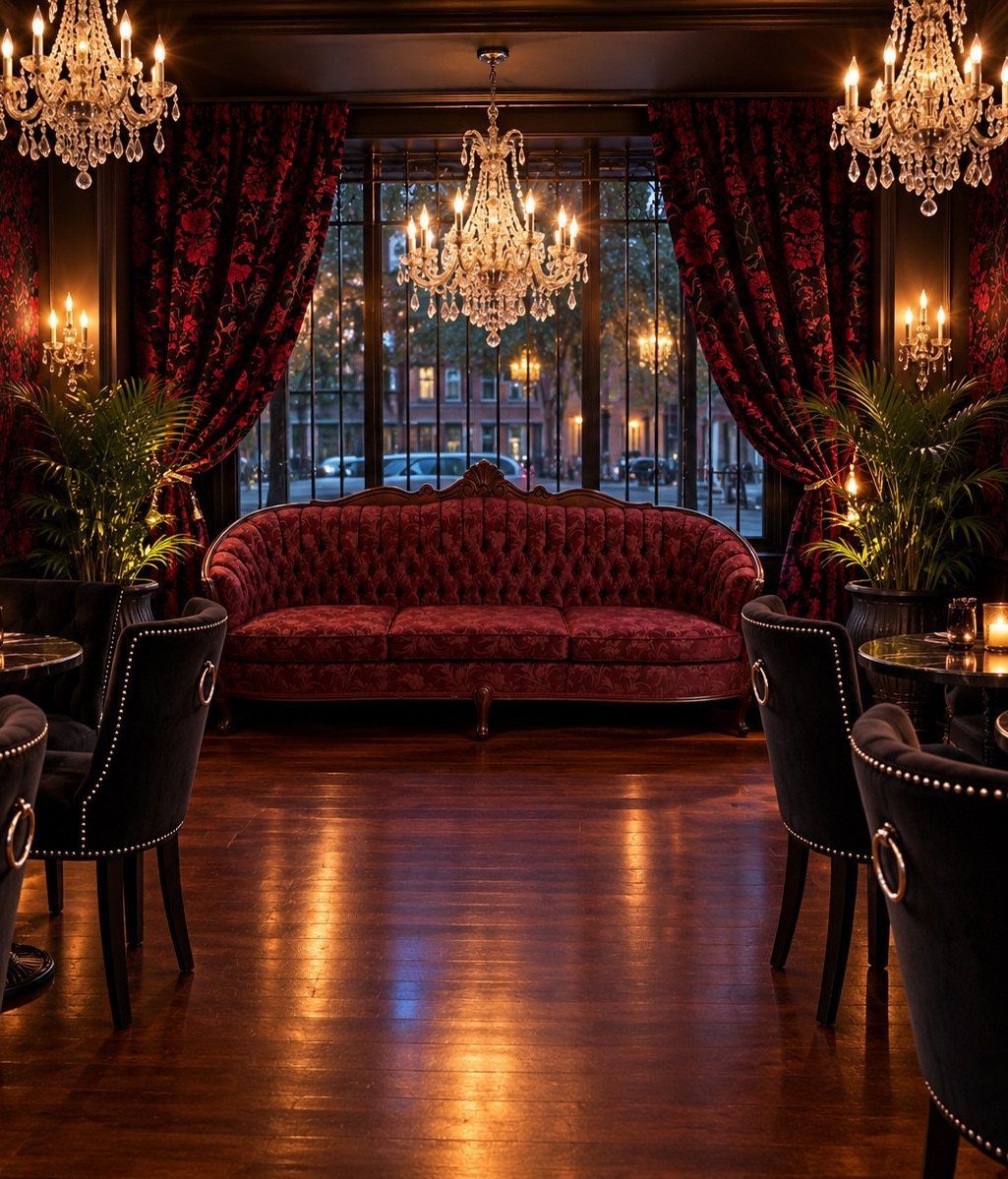 Red velvet sofa and black velvet chairs in a room with crystal chandeliers.
