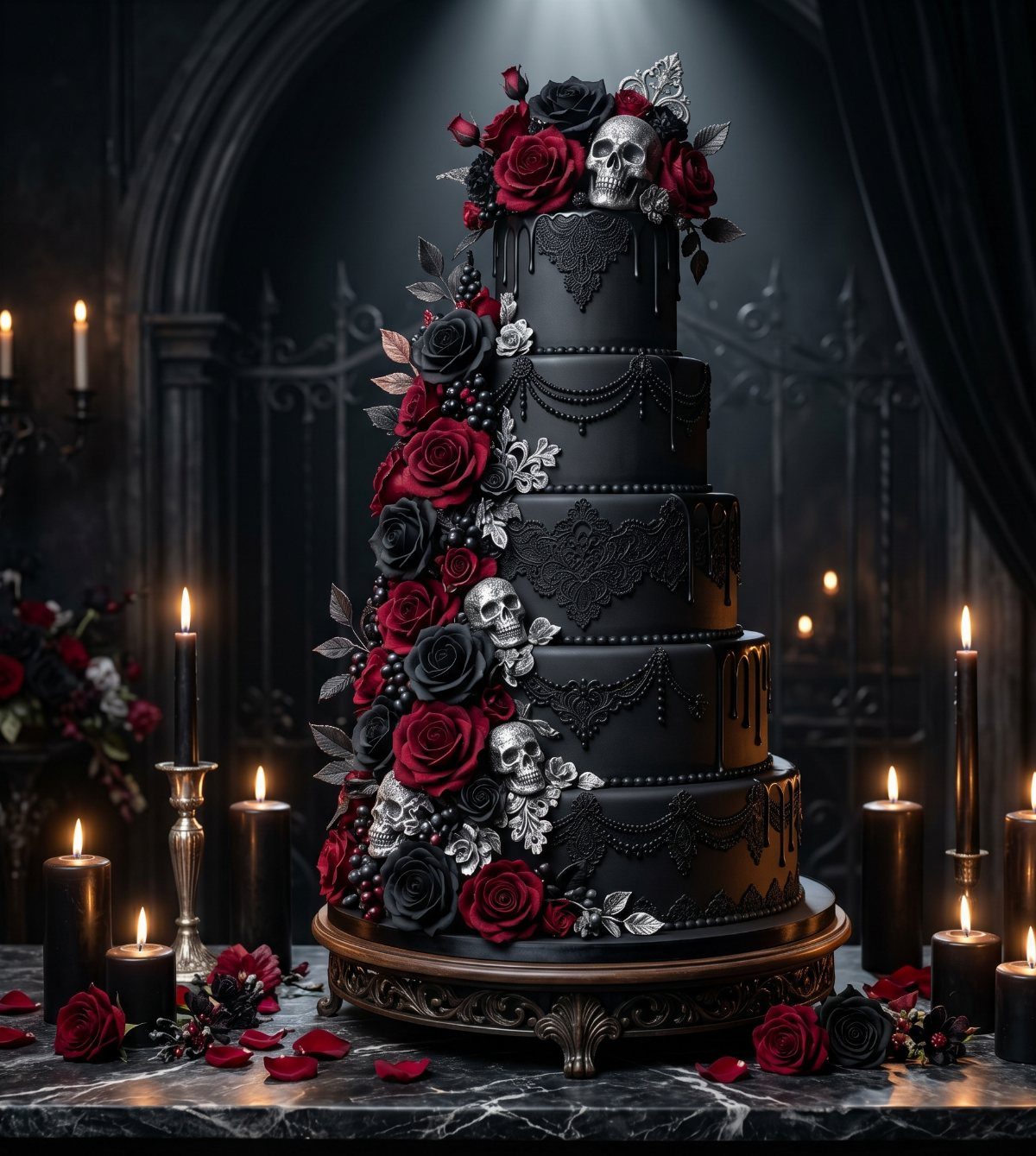Black gothic wedding cake with red roses and silver skulls surrounded by black candles.