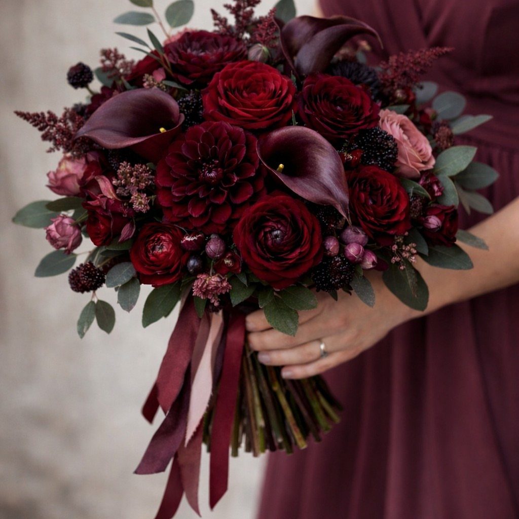 Deep red floral bouquet with dark greenery and berries held by a bride.