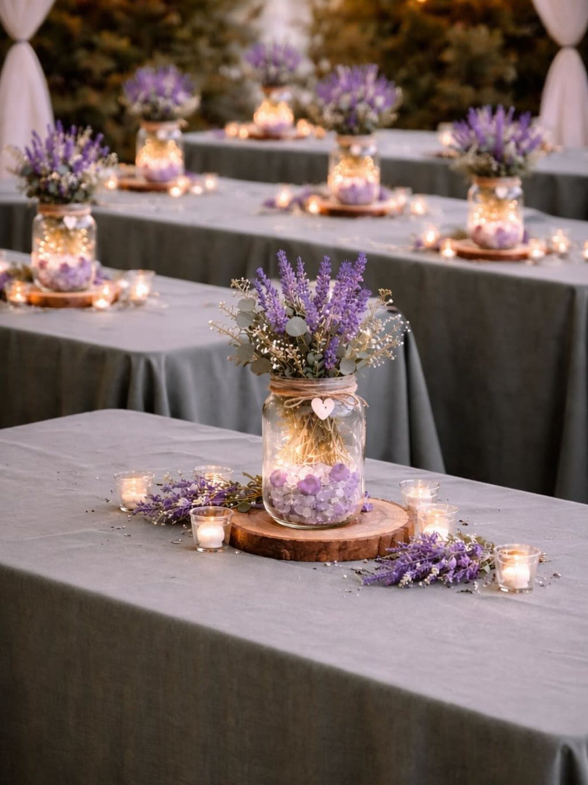 Purple lavender floral centerpieces in mason jars on wooden slices with tea light candles.
