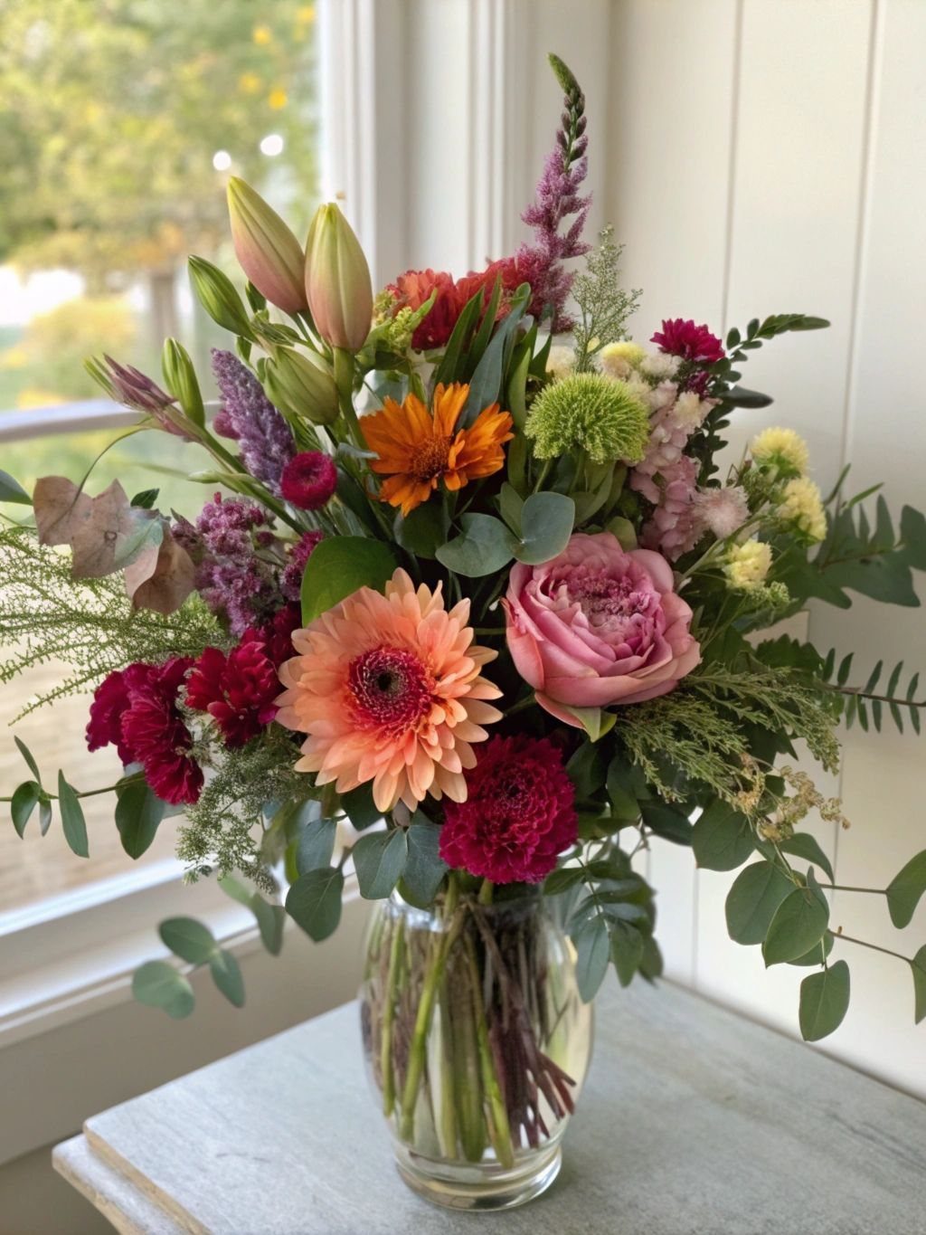 15 Ideas de Ramos de Flores for Every Table and Season 7 Colorful mixed flower bouquet with pink and orange blooms in a glass vase.