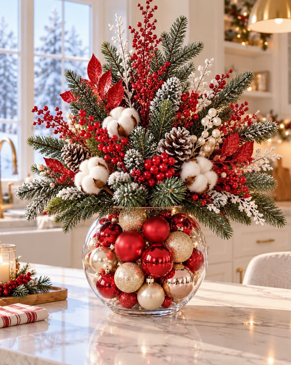 15 Ideas de Ramos de Flores for Every Table and Season 13 Christmas floral arrangement with pine, red berries, and ornaments in a glass bowl.