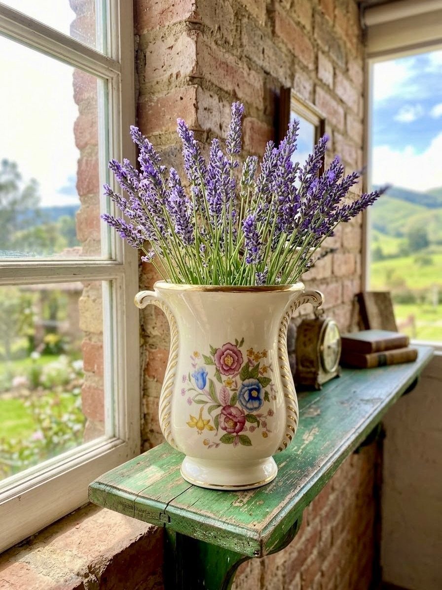 15 Ideas de Ramos de Flores for Every Table and Season 4 Purple lavender bouquet in a vintage floral ceramic vase on a green wooden shelf.