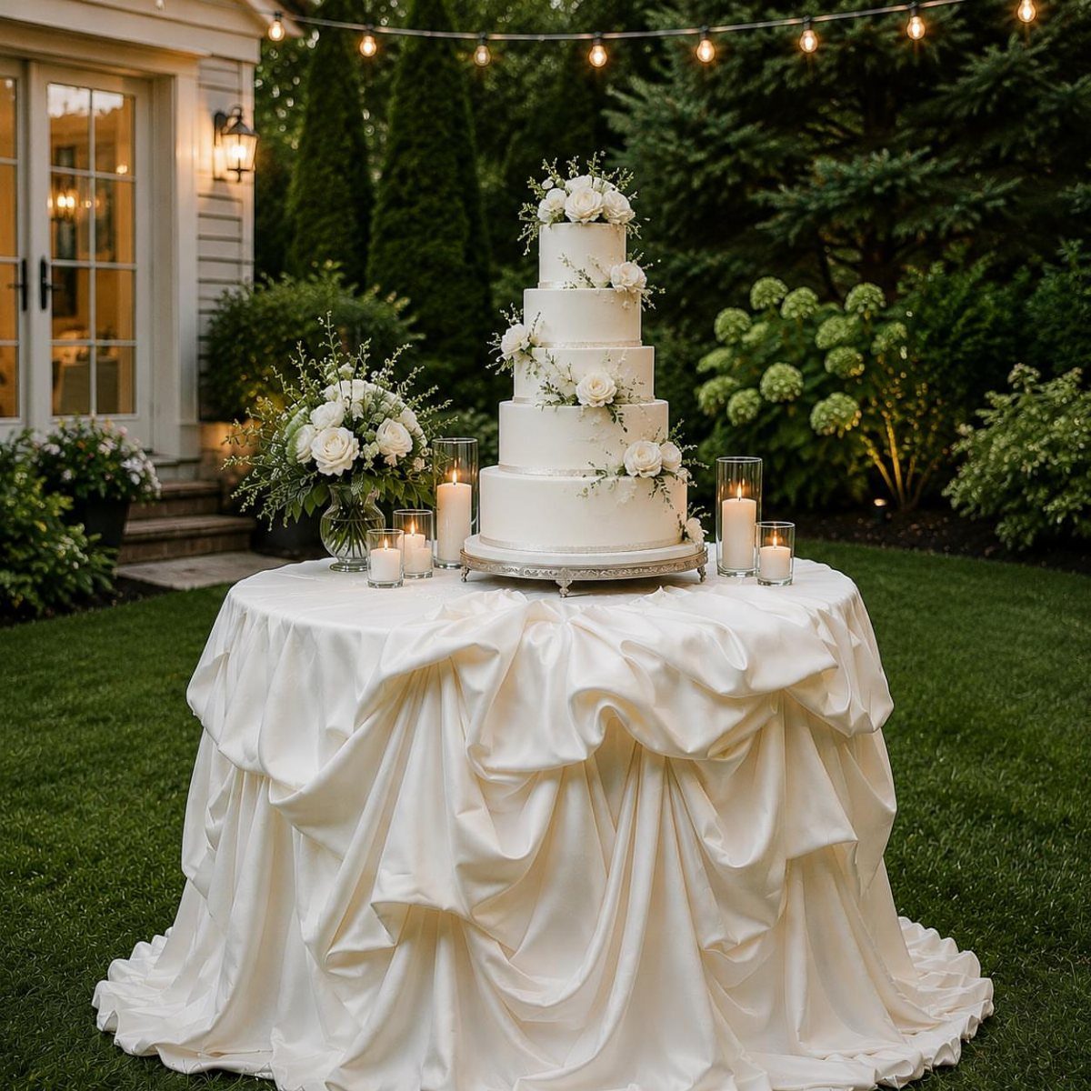 Round table with ruffled ivory tablecloth holding a tiered white wedding cake and candles.