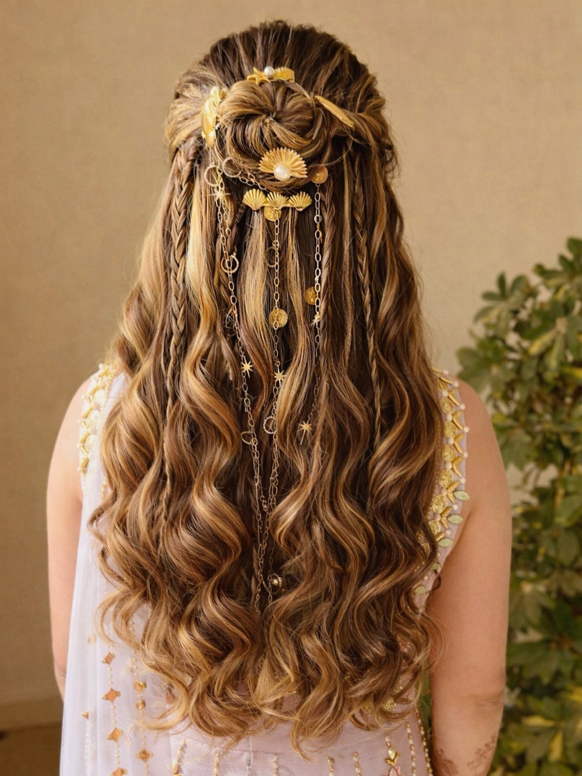 16 Long Hair Half Up Half Down Hairstyles for Real Life 14 Long wavy blonde hair styled half-up with gold seashell and pearl hair accessories.