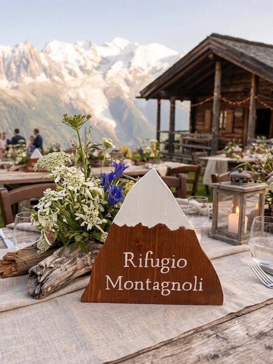 19 Mountain Wedding Ideas for Scenic, Cozy Celebrations 13 Mountain-shaped wooden sign on a rustic table with flowers and snowy peaks behind.