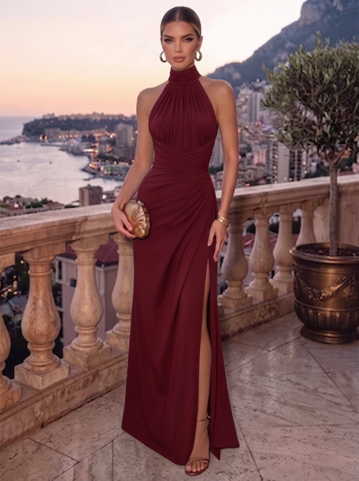 Woman in a burgundy halter gown with a high leg slit on a balcony.