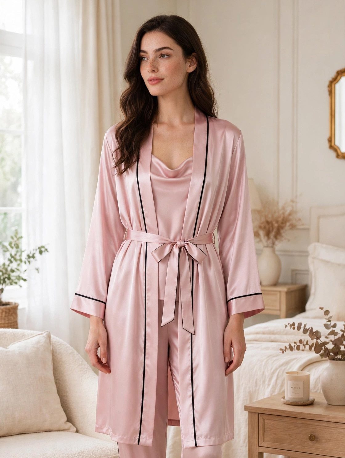 Woman in light pink satin pajama set and matching robe in a bedroom