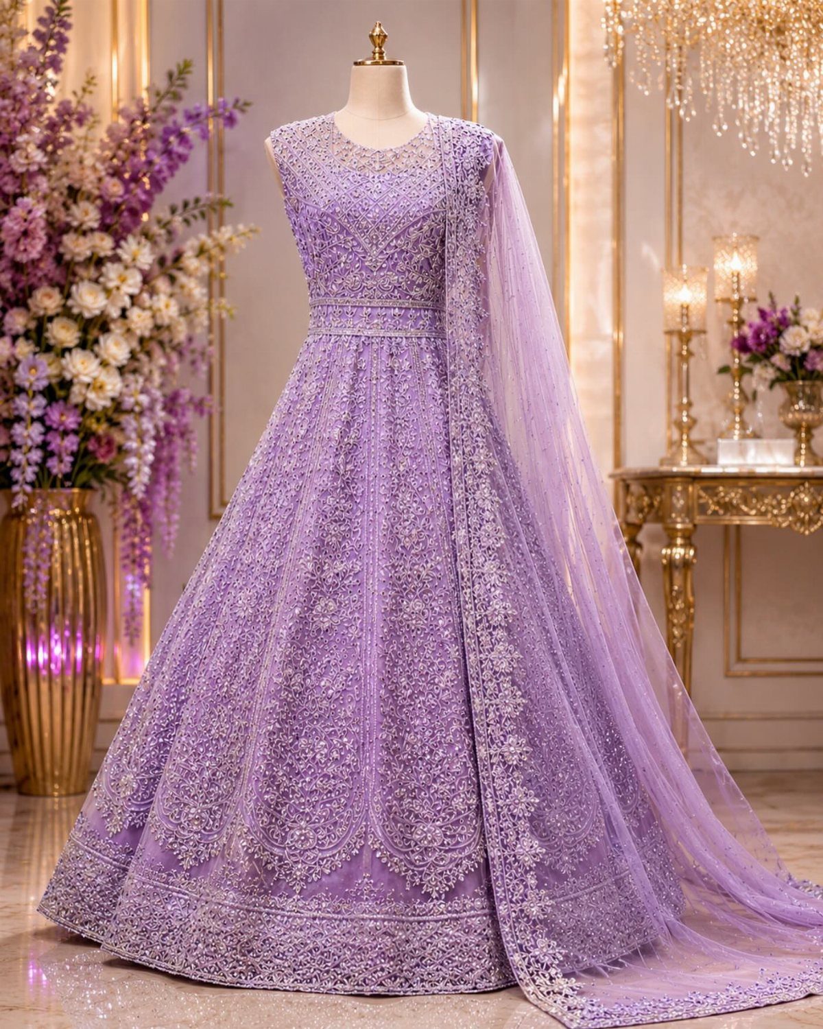 26 Nikah Dress Ideas for Your Perfect Wedding Ceremony 23 Lavender embroidered maxi dress with matching sheer dupatta on a white mannequin.