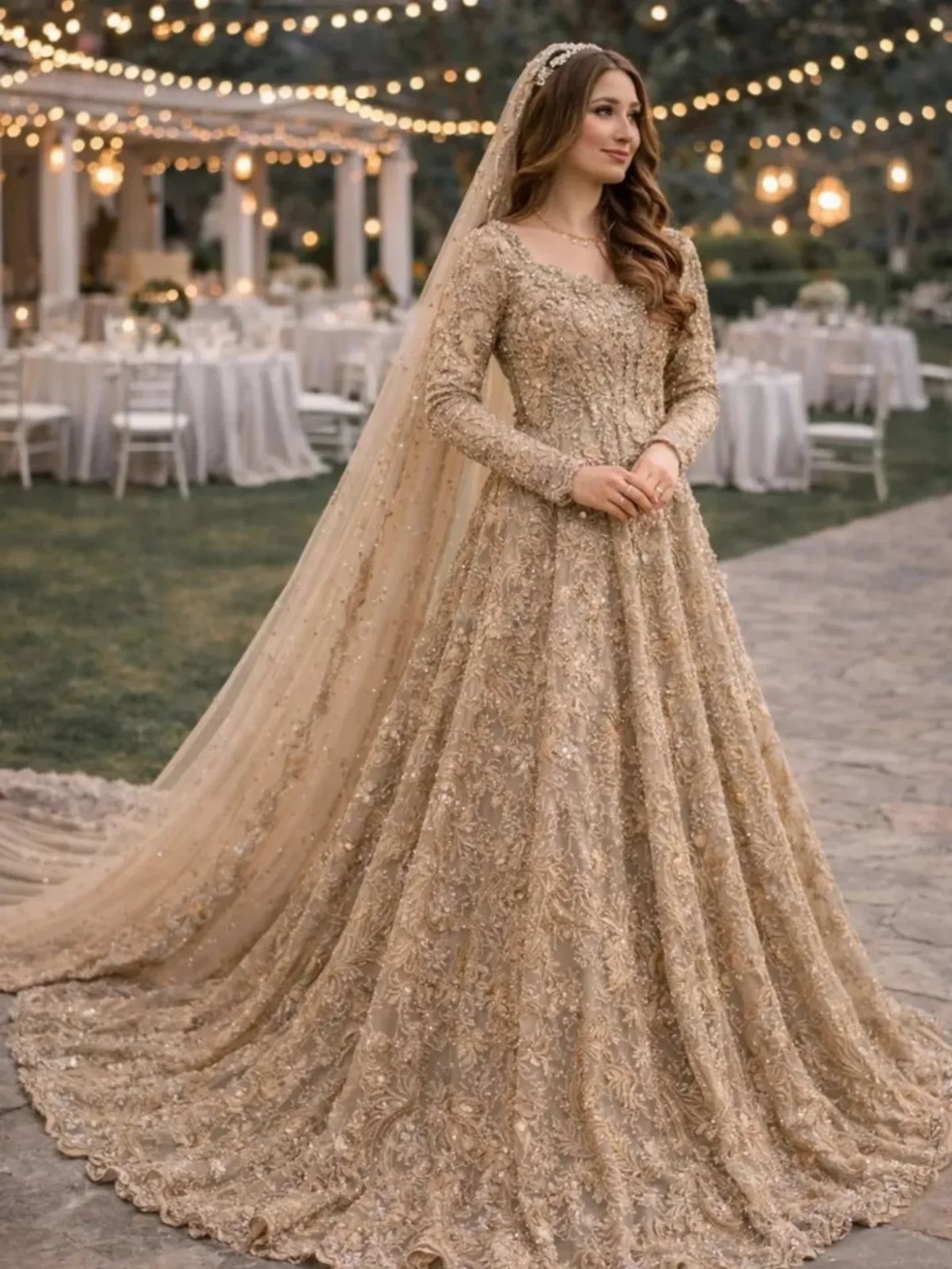 26 Nikah Dress Ideas for Your Perfect Wedding Ceremony 16 Woman in a shimmering rose gold bridal gown and veil in a garden.