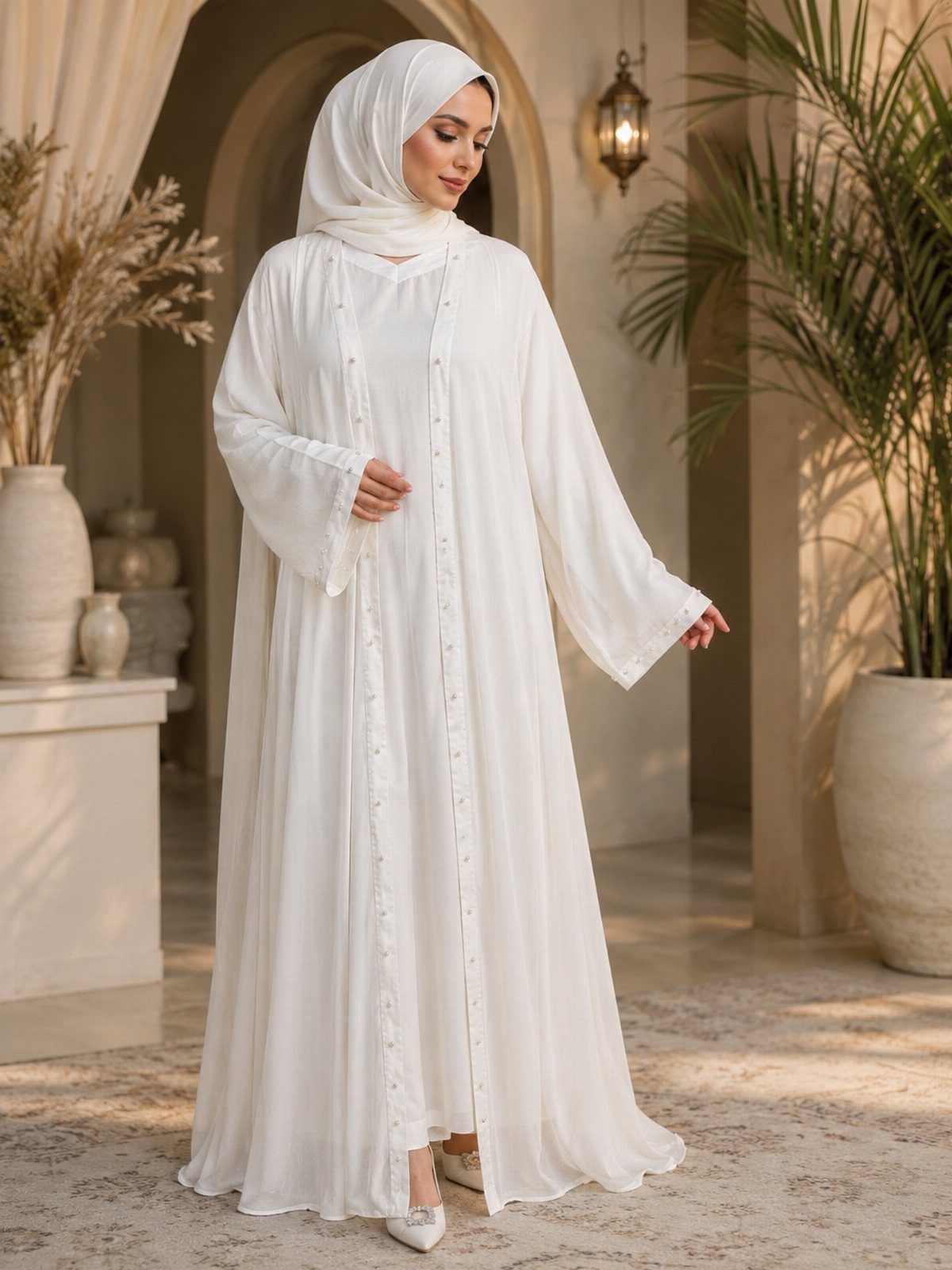 26 Nikah Dress Ideas for Your Perfect Wedding Ceremony 5 Woman wearing a simple white abaya and matching hijab in a bright indoor setting.