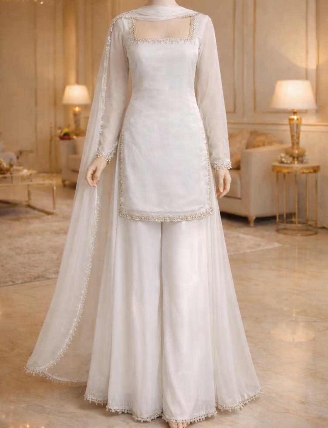 26 Nikah Dress Ideas for Your Perfect Wedding Ceremony 27 White long shirt and wide-leg trousers with a matching sheer dupatta.