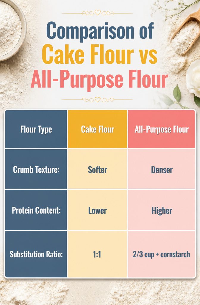 Perfect Cake Recipe: Moist, Fluffy Vanilla Cake 5 Comparison image showing cake flour and all-purpose flour side by side.