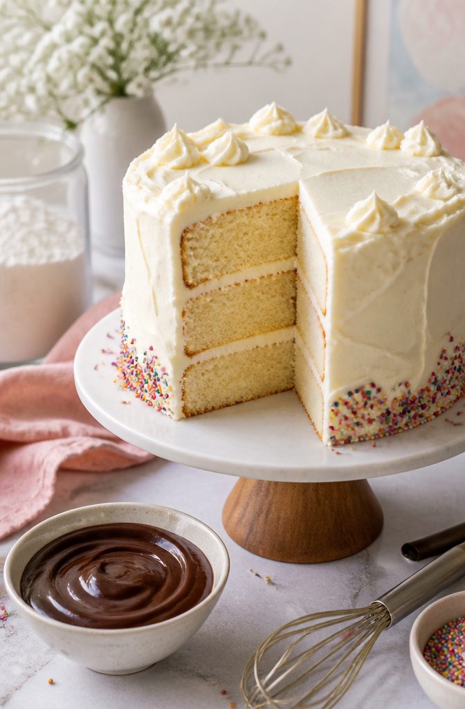 Perfect Cake Recipe: Moist, Fluffy Vanilla Cake 7 Close-up of a multi-layered vanilla cake with smooth buttercream frosting.